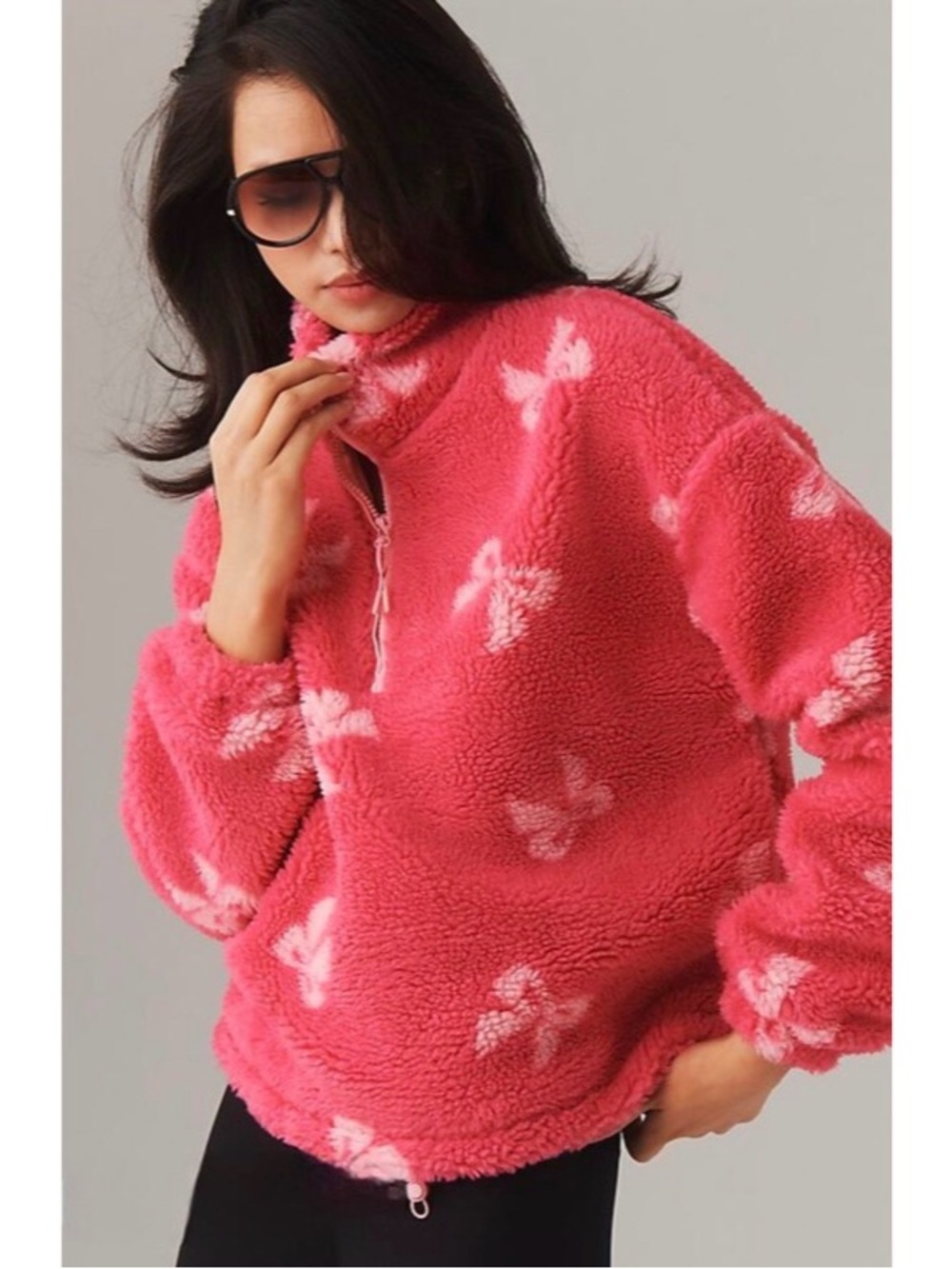 Beach Riot x Anthropologie Leona Sherpa Pink Bows Sweatshirt Pullover Size Small